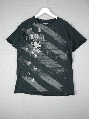 Hurley Y2K Grunge Style Mens Black Shirt Streetwear Large Stripe